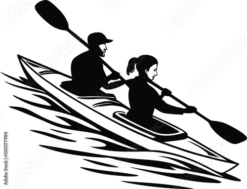 A Vector Silhouette of a Male and Female Flat Water Kayaking Together in a Tandem Kayak