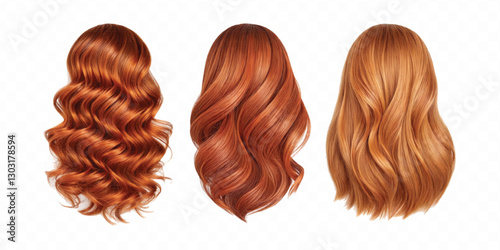 three copper hair swatches in different colour style isolated on white background