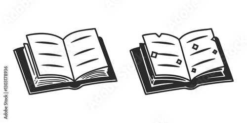 Open Book Sketch - Transparent Engraving, Scratch-Board Black & White Illustration