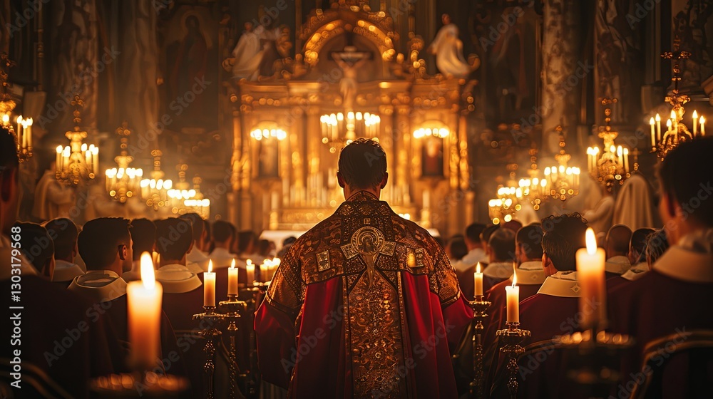 A priest facing an altar during a formal religious ceremony A priest facing an altar during a formal religious ceremony