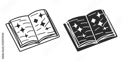 Open Book Sketch - Transparent Engraving, Scratch-Board Black & White Illustration