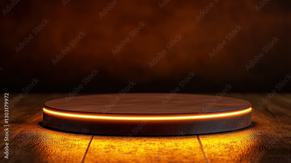 Obraz premium Wooden display podium with warm lighting on rustic table