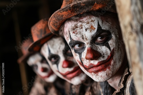 Row of creepy clowns with painted faces and hats, creating a frightening Halloween scene