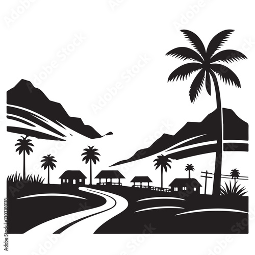Tropical Landscape with Road Asian Village Silhouette Vector Art