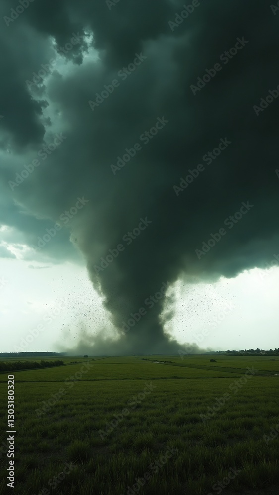 A dramatic scene of a tornado touching down in a vast, open field. Dark clouds swirl above, with debris being lifted into the air, capturing the raw power of nature in action A dramatic scene of a tornado touching down in a vast, open field. Dark clouds swirl above, with debris being lifted into the air, capturing the raw power of nature in action