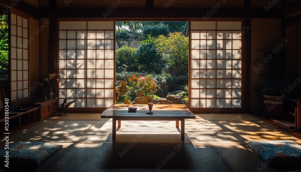 Obraz premium Traditional Japanese Interior Room With Open Sliding Doors Leading to Green Garden View in Natural Light
