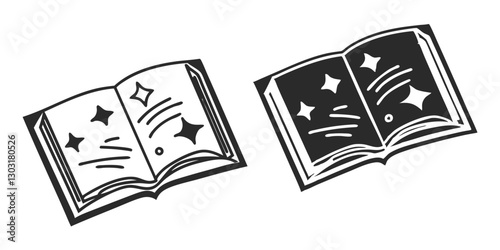 Open Book Sketch - Transparent Engraving, Scratch-Board Black & White Illustration