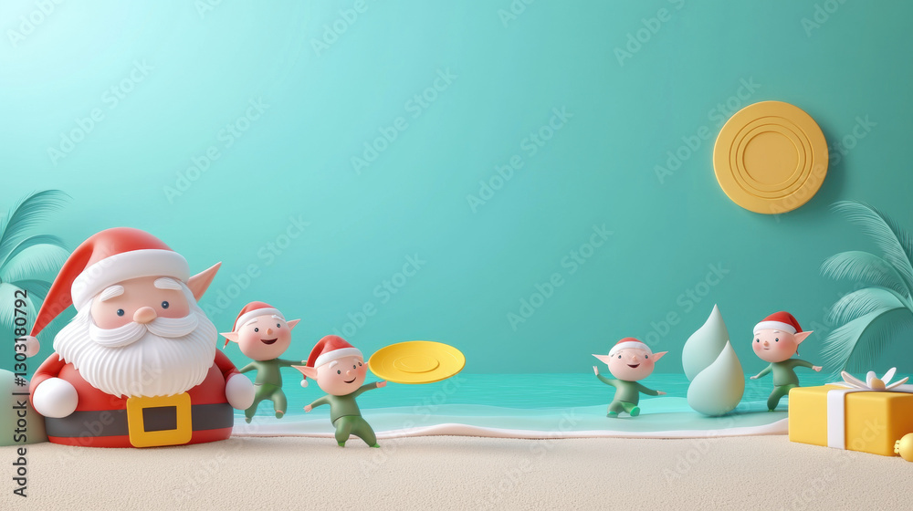 Fototapeta premium Christmas in July Santa. Cheerful Santa with playful elves in a festive, colorful scene.