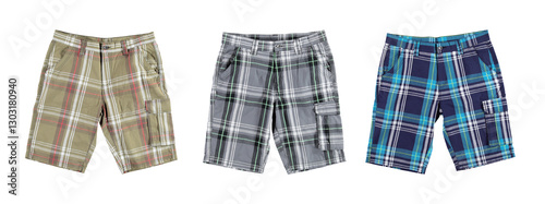 Mens plaid bermuda Shorts. Isolated image on a white background. Nobody. Collection of plaid bermuda shorts. 