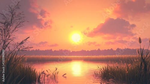 The sun rising over the horizon, painting the sky with warm hues of orange and pink