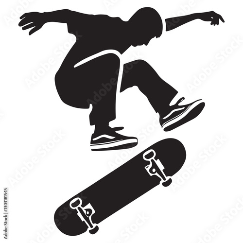 Skateboarder Silhouette Performing Aerial Trick Capturing Motion and Dynamic Action