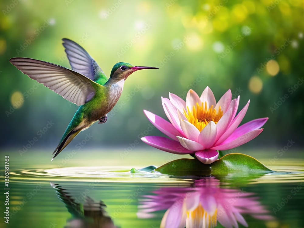 Fototapeta premium Nature's beauty captured: hummingbird on lily pads.