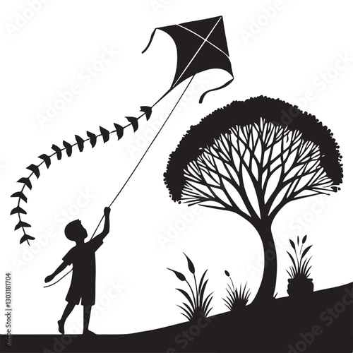 Boy Flying Kite Silhouette Illustration Enjoying Outdoor Activity in Nature