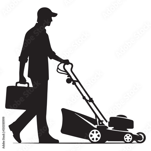 Professional Lawn Care Services Expert with Mower Silhouette Illustration