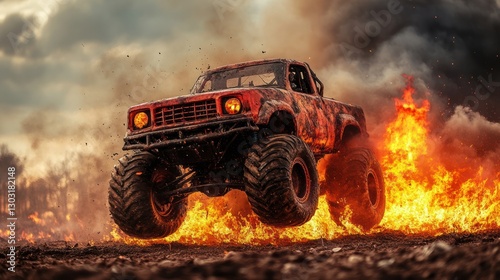 Fiery monster truck airborne over flames.