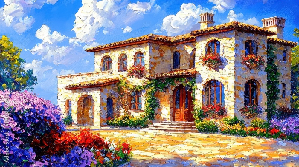 Obraz premium Captivating Mediterranean architecture depicted in a colorful canvas artwork.