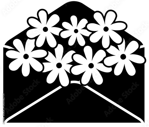 Envelope filled with flowers silhouette flat vector illustration Isolated.
Cute flower in letter mail present and gift silhouette design.
Good for greeting card,poster, banner,leaflet.
