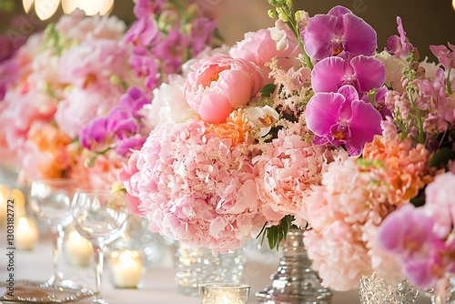 Fototapeta Naklejka Na Ścianę i Meble -  Pink floral centerpiece wedding table
