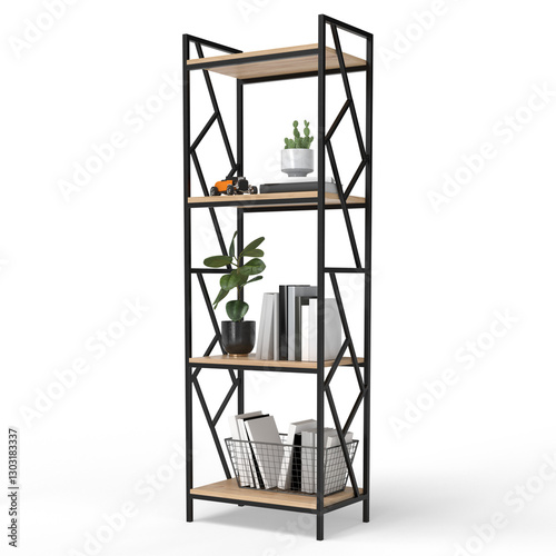 Loft style shelving unit made of metal and wooden shelves for accessories
