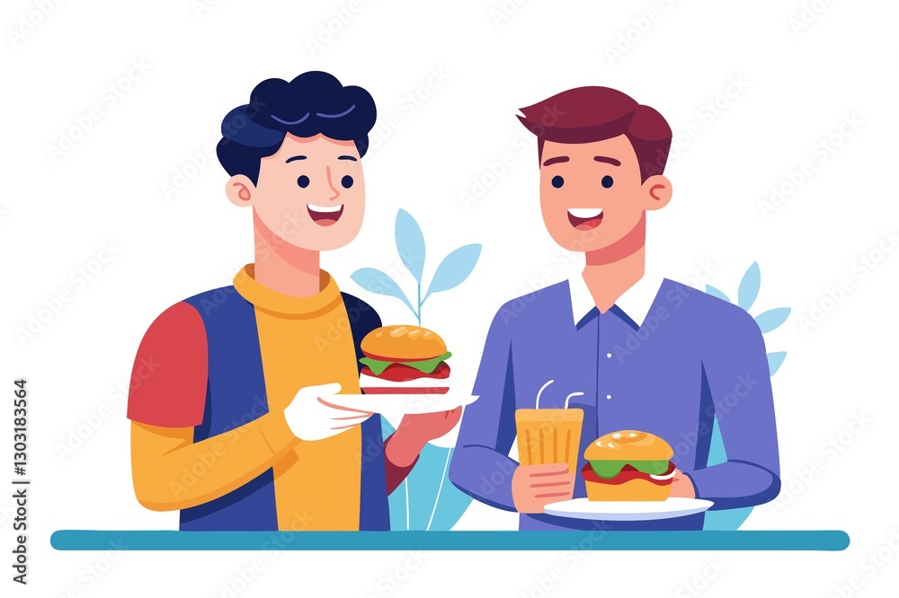 Two men are sitting at a table with plates of food and drinks Two men are sitting at a table with plates of food and drinks