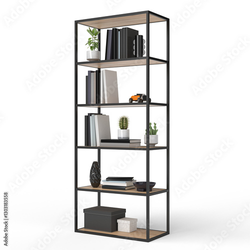 Loft style shelving unit made of metal and wooden shelves for accessories