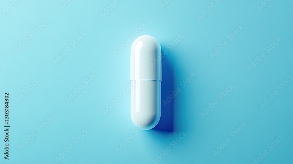 Healthcare concept with a single medicine pill on a pastel blue canvas