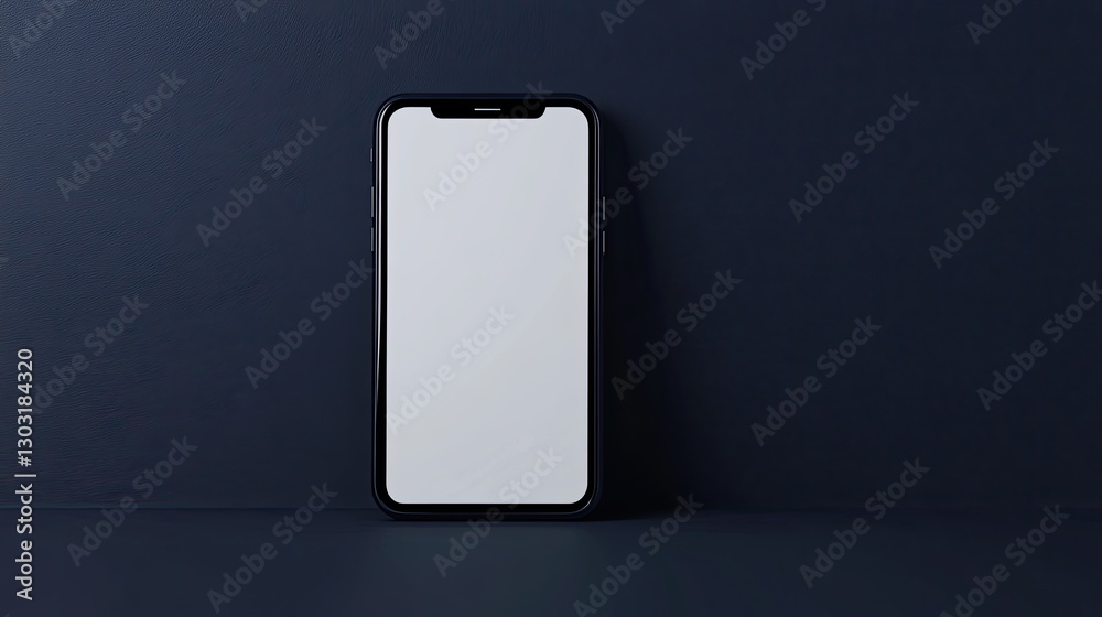 High-resolution smartphone with an empty screen, isolated on a dark navy blue background for advertising use. -