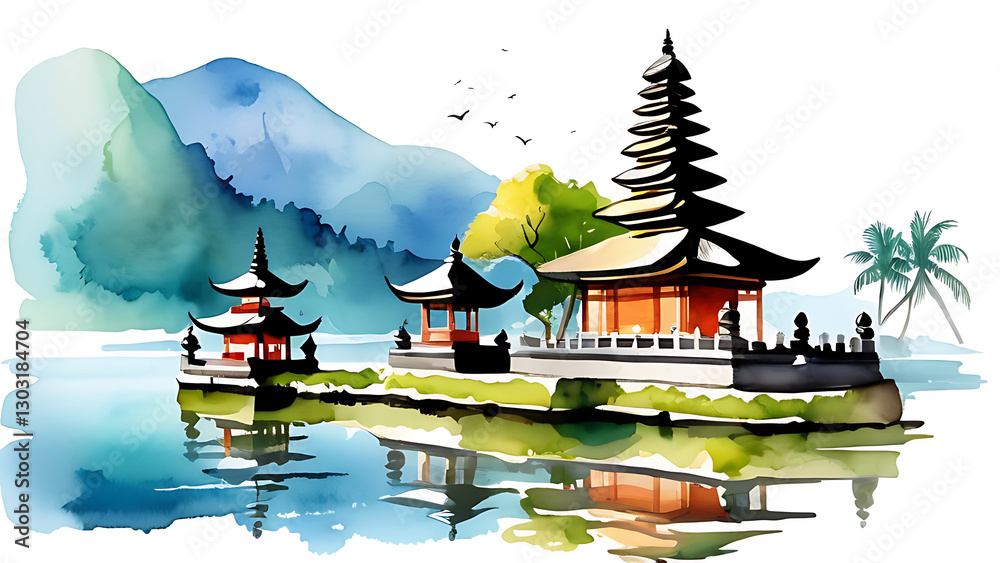 Obraz premium Watercolor Bali Temple Illustration on Lake with Mountain View