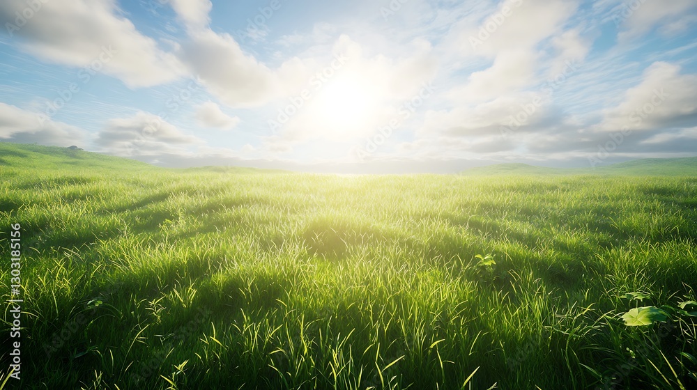 Fototapeta premium The sun shining brightly through thin clouds over a vast green meadow