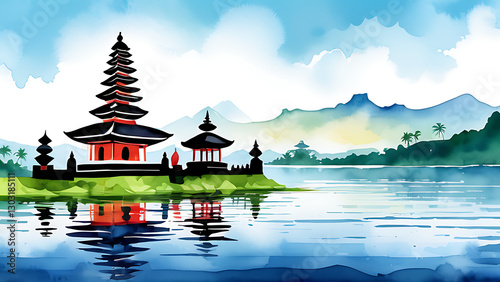 Watercolor Painting of Asian Pagoda on Lake with Mountain Backdrop