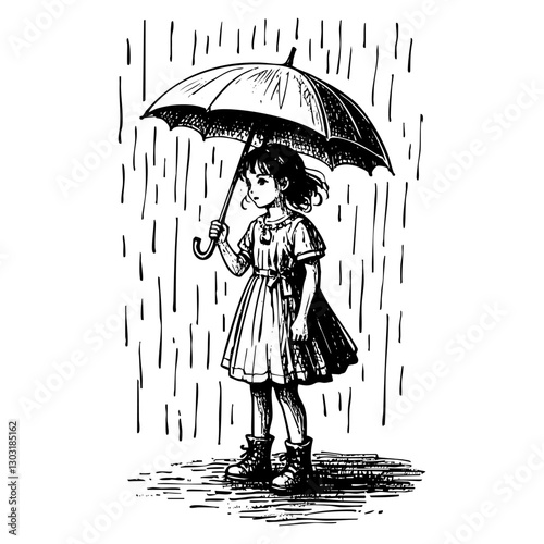 Young girl hold umbrella under the rain sketch harvesting wheat engraving black and white outline. Scratch board imitation.
