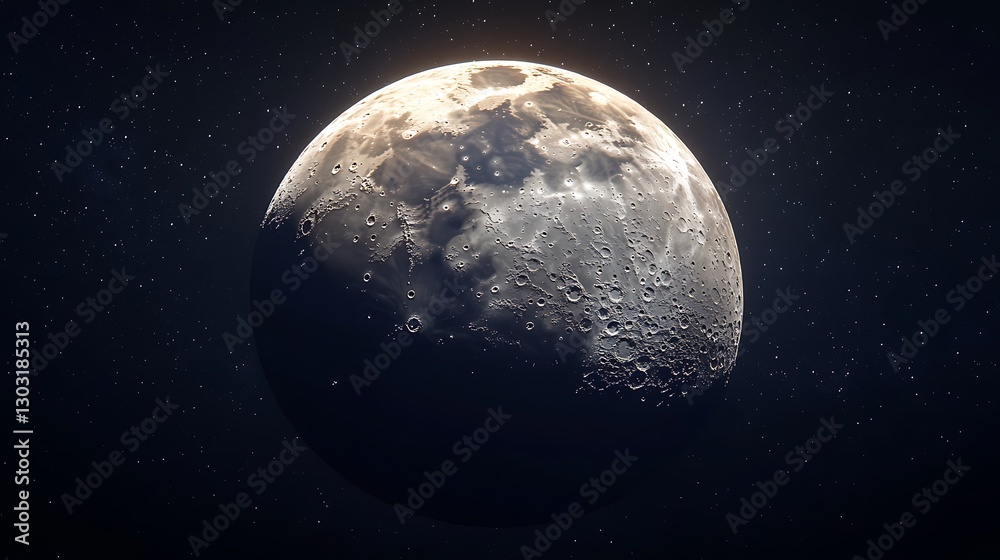 Fototapeta premium The surface of the moon illuminated by the distant glow of the Earth