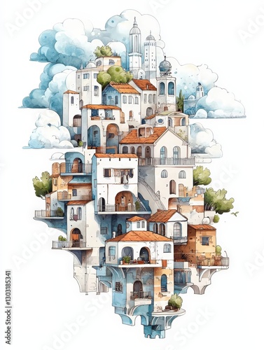 Charming watercolor illustration of a quaint town featuring a beautiful church and tower