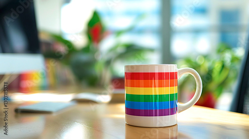 White Mug with Rainbow Stripe Flag Print, Modern Open Office Desk, Meeting Room Table. Equality, Diversity, Human Rights. LGBTQ+ Pride Symbol. Professional, Corporate. Colorful Minimal, Happy Mood