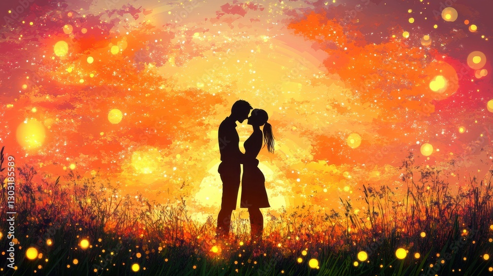 Romantic Couple Kissing at Sunset in Open Field Romantic Couple Kissing at Sunset in Open Field