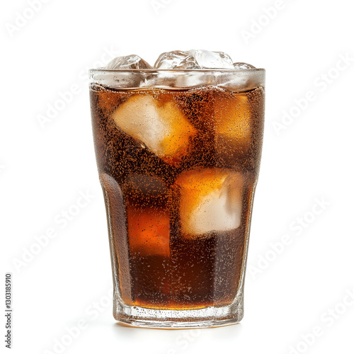 Chilled glass of carbonated cola with ice cubes isolated on white background, creating a splash.