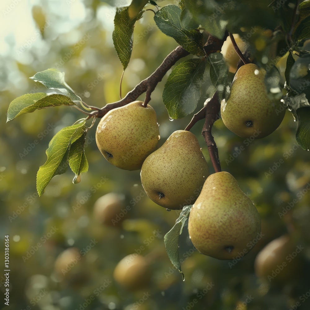 Fresh Green Pears Ripening on a Tree Branch in a Sunlit Orchard Fresh Green Pears Ripening on a Tree Branch in a Sunlit Orchard