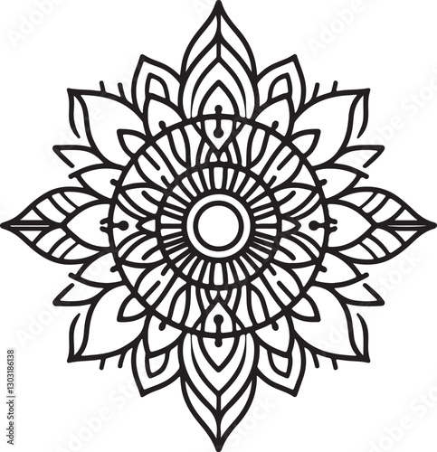 Elegant Mandala Line Art, Symmetrical Black and White Floral Vector Design, silhouette vector style with white background, Simple Floral Mandala Design Template