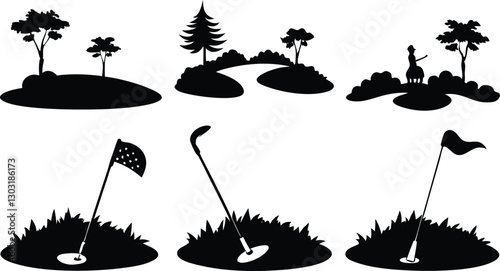 Golf Field and Equipment Silhouettes 