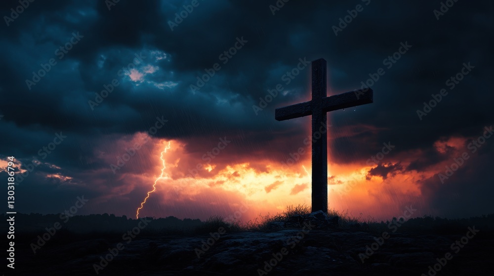 Fototapeta premium Dramatic Cross Silhouette Against Stormy Sky and Lightning Strikes