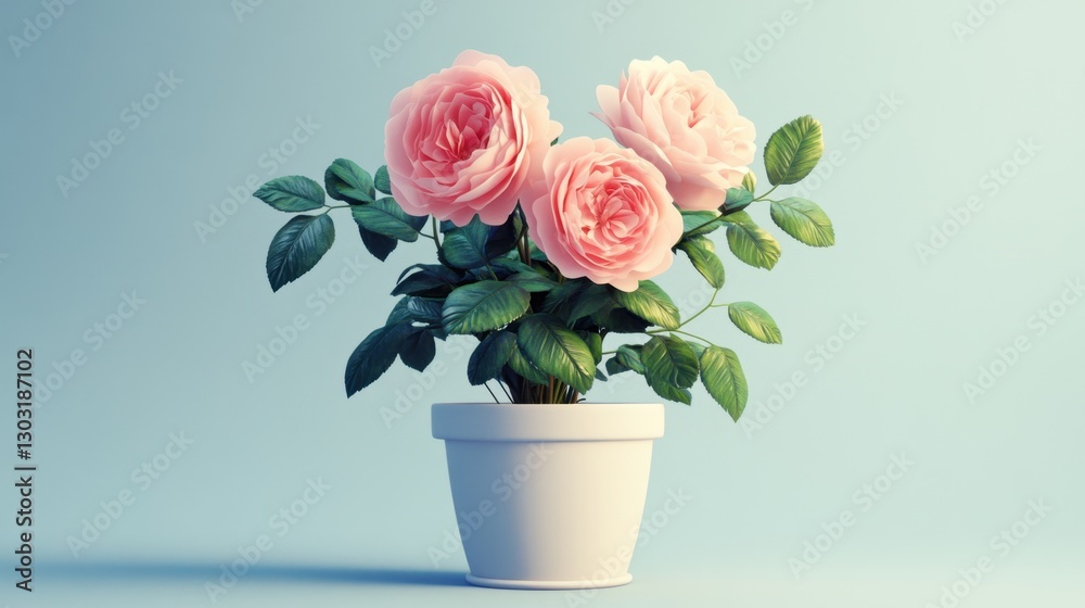 Obraz premium Beautiful Pink Roses in White Pot on Light Blue Background