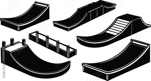Skateboard ramp and obstacle silhouette set