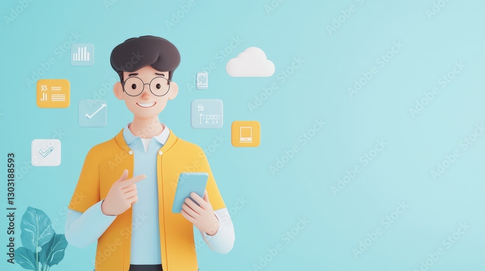 Happy Man and Mobile Technology 3D Illustration Happy Man and Mobile Technology 3D Illustration