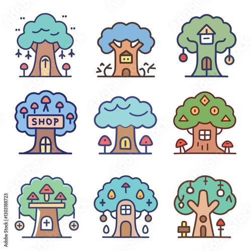 Cute Cartoon Treehouses in a Magical Forest Setting