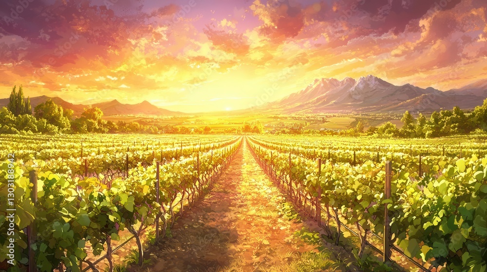 Naklejka premium Golden Hour Vineyard Landscape Rows of Grapevines at Sunset