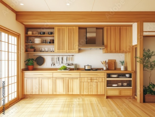 Bright Wooden Kitchen Interior With Natural Light Minimalist Design And Built In Cabinets