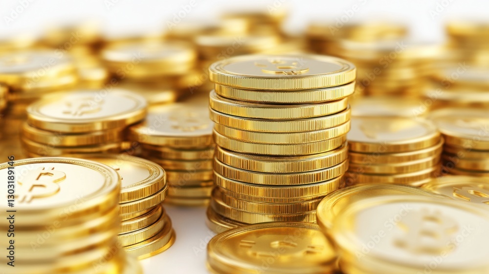 Stacked Gold Coins and Piles of Money on Bright Surface Stacked Gold Coins and Piles of Money on Bright Surface