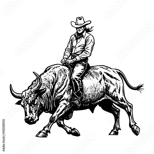cowboy riding bull on rodeo sketch engraving black and white outline. Scratch board imitation.
