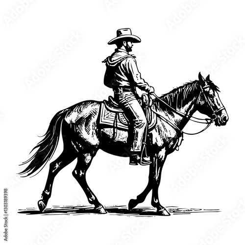 cowboy riding horse on desert sketch engraving black and white outline. Scratch board imitation.
