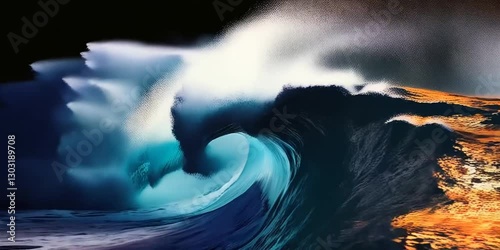 a powerful ocean wave crashing with dynamic force. The image captures the raw power and beauty of nature, with the water forming intricate shapes